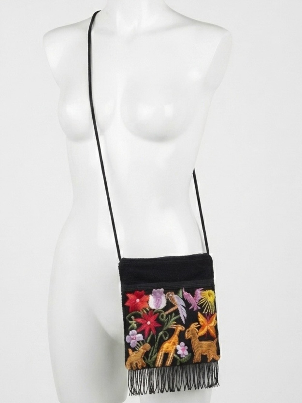 Black Embroidered Fringe Crossbody Bag with Floral & Animal Motif